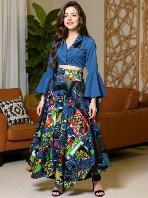 SZN Blue Solid Top with Printed Skirt Co-Ords