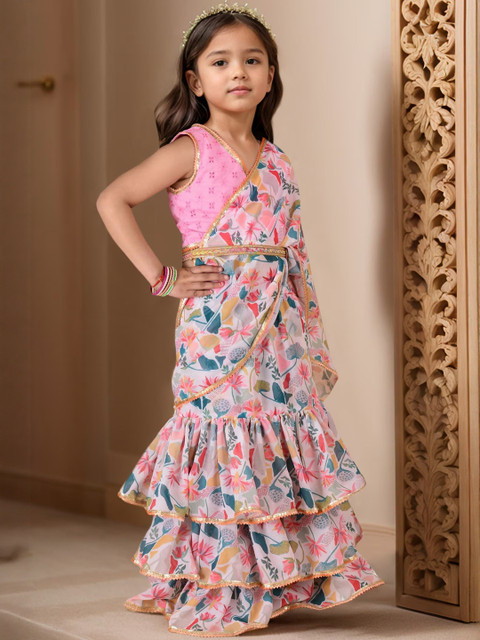 Sangria Girls Floral Printed Ready To Wear Belted Saree With Sequined Blouse