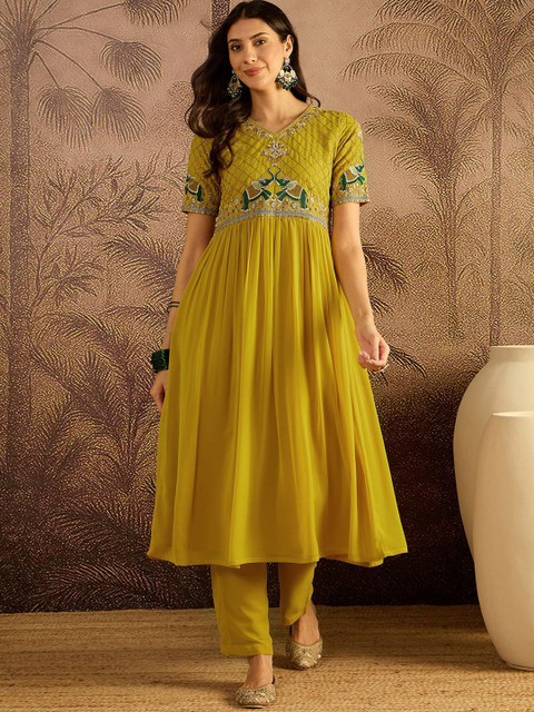 Sangria Zari Sequence Thread Embroidered A-Line Kurta With Trousers