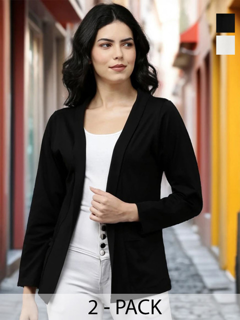 Kryptic Pack Of 2 Open Front Regular Fit Cotton Shrugs With Pocket For Layering