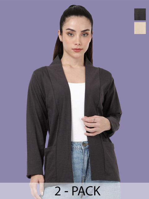 Kryptic Pack Of 2 Open Front Regular Fit Cotton Shrugs With Pocket For Layering