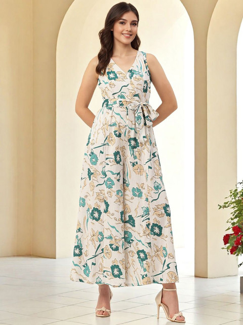 SZN Women Printed V-Neck Waist Tie-Ups Basic Jumpsuit
