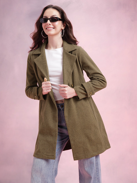 DressBerry Notched Lapel Collar Double-Breasted Herringbone Overcoat