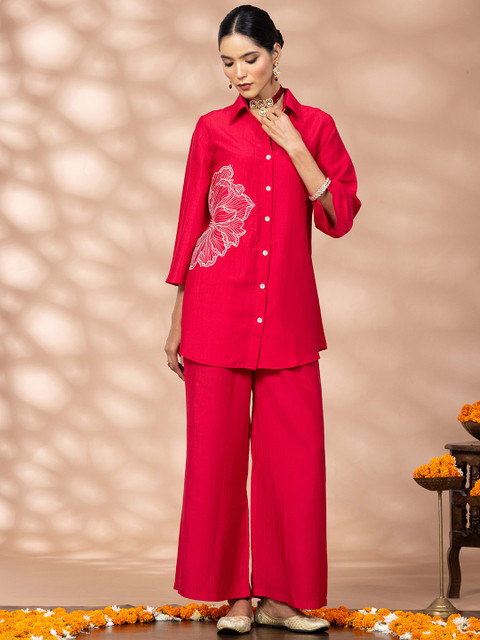 WineRed Embroidered Three-Quarter Sleeves Shirt With Trouser