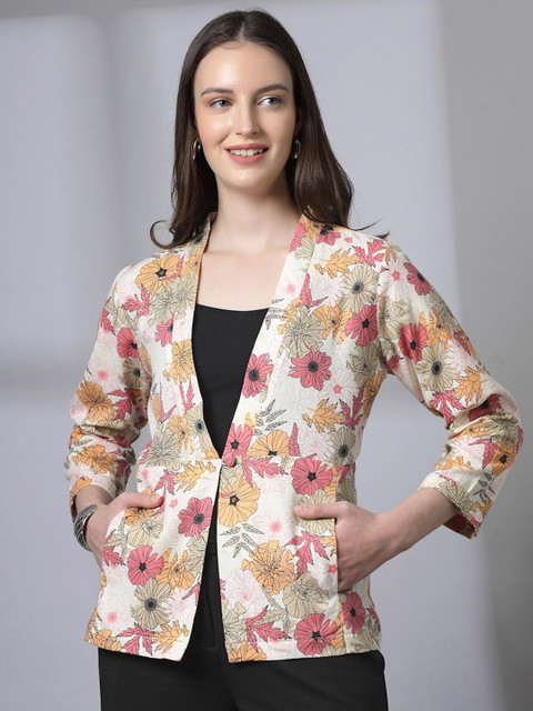 Nomad Lifestyle Floral Printed Shawl Collar Long Sleeves Pure Cotton Breasted Blazer