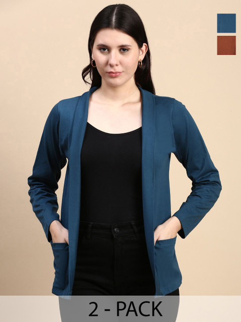 Kryptic Pack Of 2 Open Front Regular Fit Cotton Shrugs With Pocket For Layering