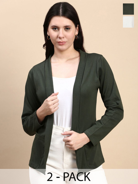 Kryptic Pack Of 2 Open Front Regular Fit Cotton Shrugs With Pocket For Layering