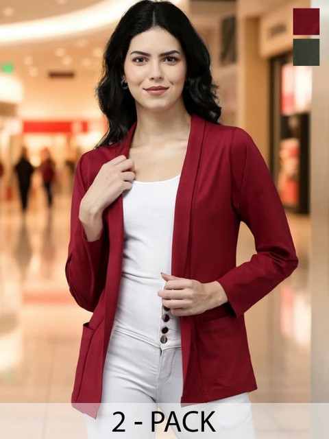 Kryptic Pack Of 2 Open Front Regular Fit Cotton Shrugs With Pocket For Layering