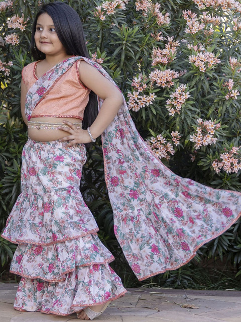 Sangria Girls Floral Printed Lehenga Saree With Stitched Blouse Piece - Image 3
