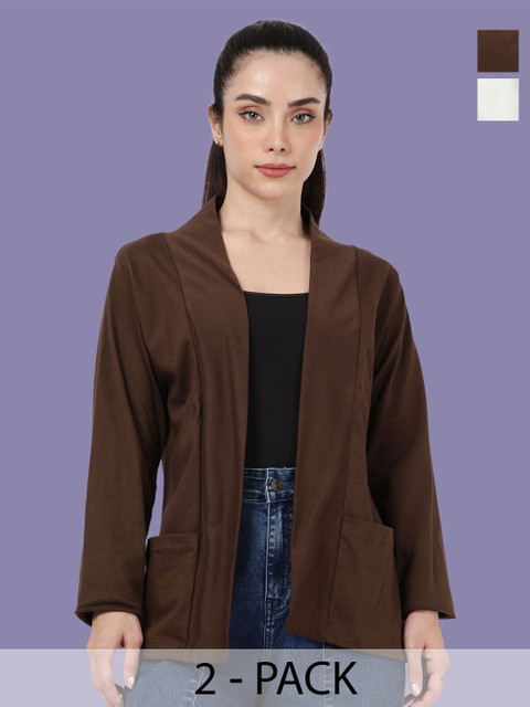 Kryptic Pack Of 2 Open Front Regular Fit Cotton Shrugs With Pocket For Layering