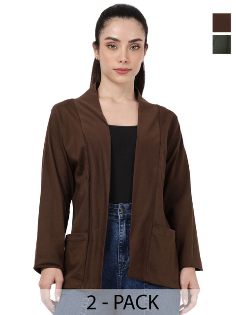 Kryptic Pack Of 2 Open Front Regular Fit Cotton Shrugs With Pocket For Layering