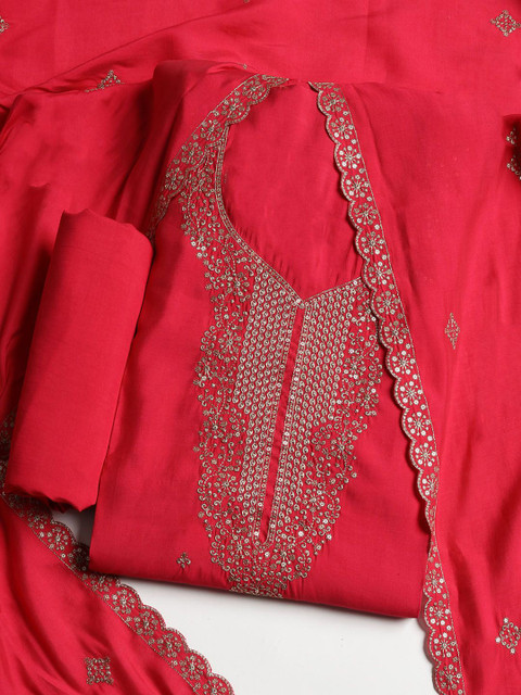 Meena Bazaar Embroidered Sequinned Chanderi Silk Unstitched Dress Material