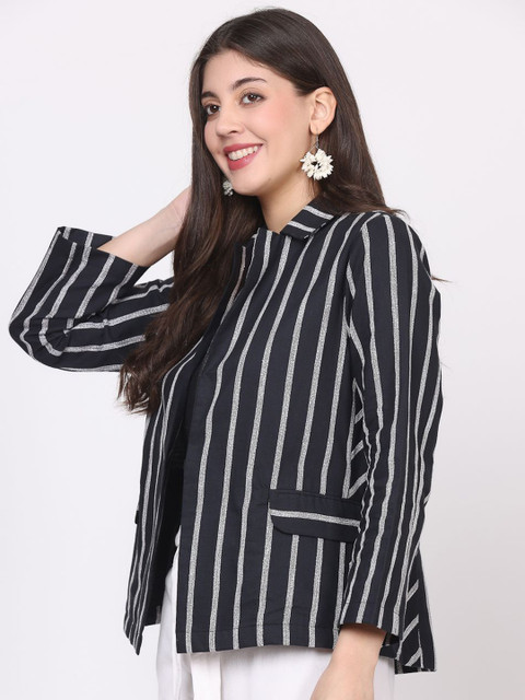 Nomad Lifestyle Striped Notched Lapel Long Sleeves Cotton Open Front Blazer - Image 4