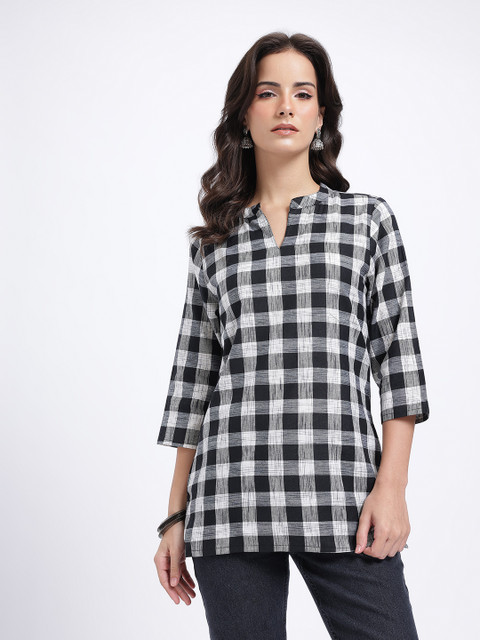 Anouk Rustic Checked Mandarin Collar Straight Kurti