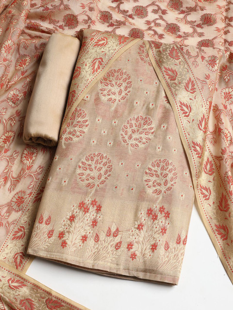 Meena Bazaar Floral Woven Design Zari Chanderi Unstitched Dress Material