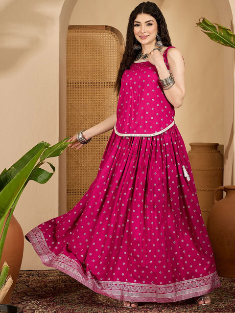 Stylum Floral Printed Shoulder Straps Neck Top With Skirt