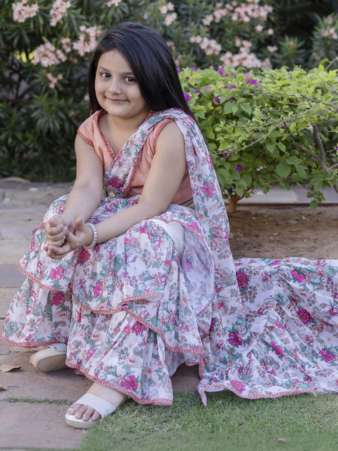Sangria Girls Floral Printed Lehenga Saree With Stitched Blouse Piece - Image 6