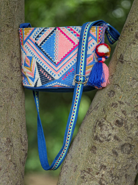 Anekaant Boho Cobalt Blue Ethnic Jacquard Sling Bag