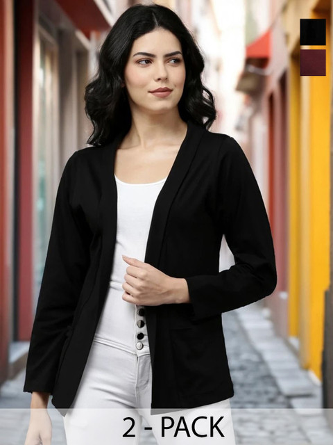 Kryptic Pack Of 2 Open Front Regular Fit Cotton Shrugs With Pocket For Layering