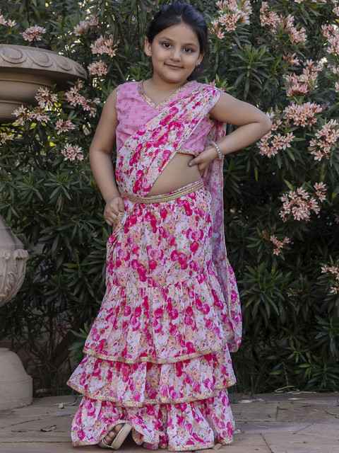 Sangria Girls Floral Printed Ready To Wear Belted Saree With Stitched Blouse