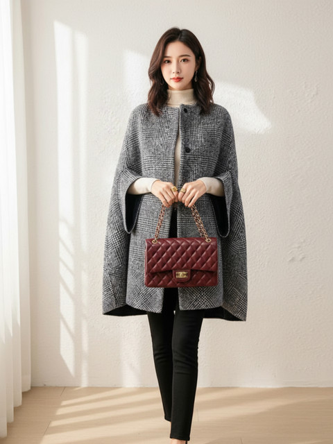 HERE&NOW Women Grey Checked Polyester Overcoat