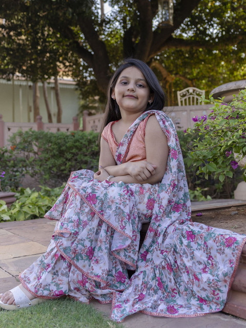 Sangria Girls Floral Printed Lehenga Saree With Stitched Blouse Piece - Image 5