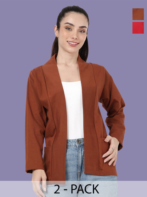 Kryptic Pack Of 2 Open Front Regular Fit Cotton Shrugs With Pocket For Layering