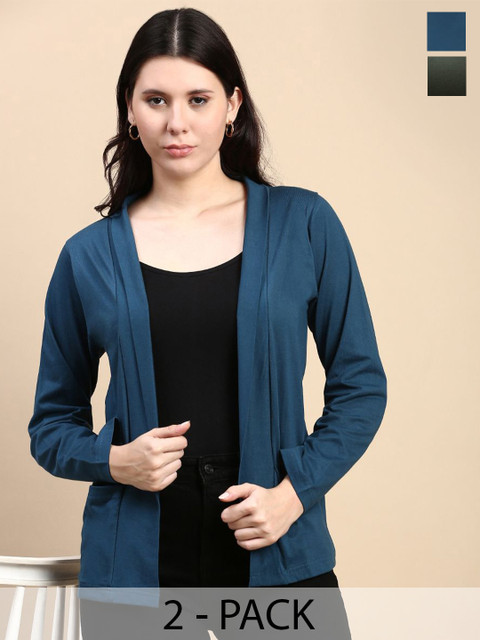 Kryptic Pack Of 2 Open Front Regular Fit Cotton Shrugs With Pocket For Layering