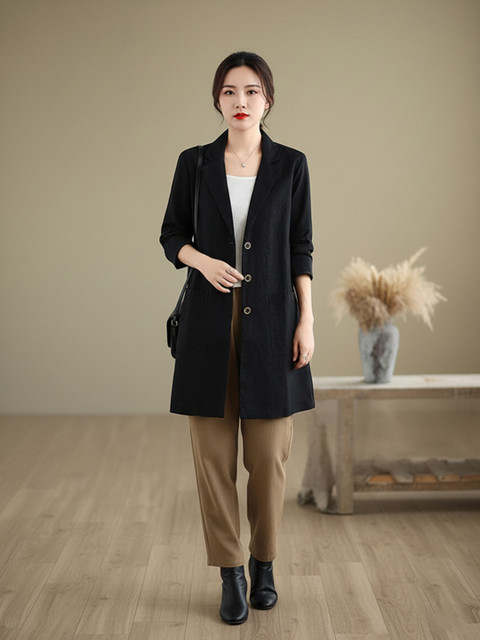 HERE&NOW Women Solid Notched Lapel Three-Quarter Sleeves Trench Coat