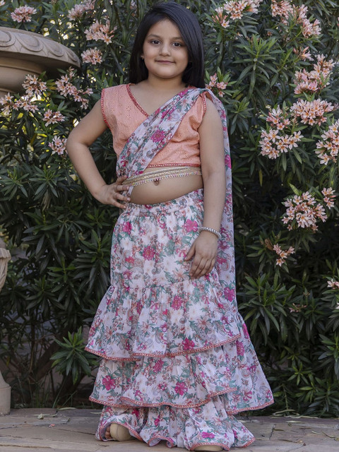 Sangria Girls Floral Printed Lehenga Saree With Stitched Blouse Piece