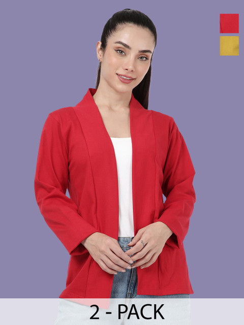 Kryptic Pack Of 2 Open Front Regular Fit Cotton Shrugs With Pocket For Layering