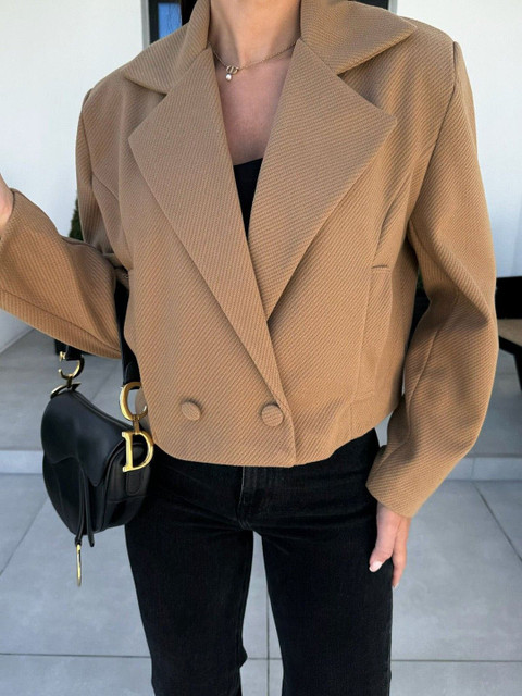 HERE&NOW Women Double-Breasted Notched Lapel Collar Cropped Woollen Coat