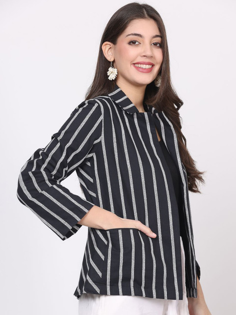 Nomad Lifestyle Striped Notched Lapel Long Sleeves Cotton Open Front Blazer - Image 3
