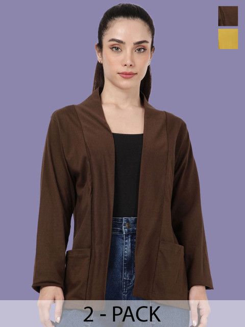 Kryptic Pack Of 2 Open Front Regular Fit Cotton Shrugs With Pocket For Layering