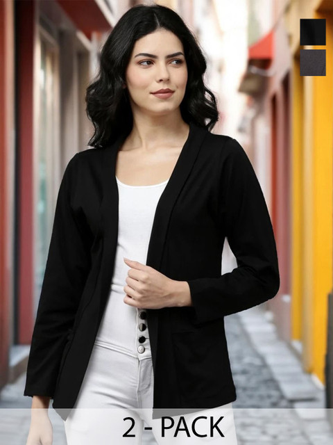 Kryptic Pack Of 2 Open Front Regular Fit Cotton Shrugs With Pocket For Layering