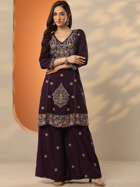 Libas Floral Embroidered V-Neck Tunic & Palazzos - Image 2
