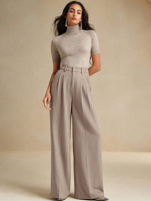 Kotty Women Straight Fit High-Rise Easy Wash Pleated Trousers