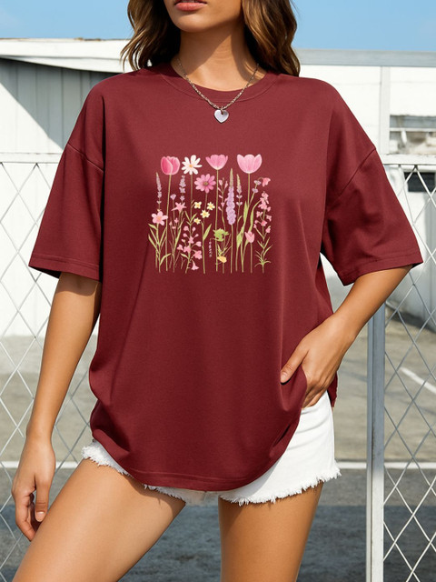 Maroon Relaxed Fit Floral Printed T-Shirt