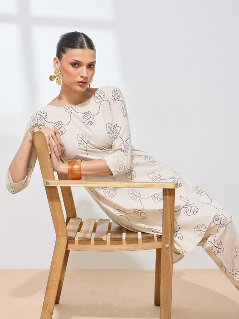 Saanjh Printed Pure Cotton Boat Neck Three Fourth Sleeves Tunic With Trouser Co-Ords