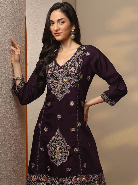 Libas Floral Embroidered V-Neck Tunic & Palazzos