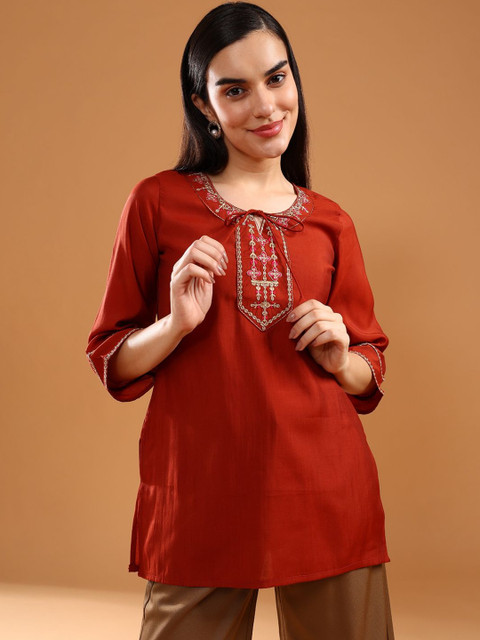 LIMEROAD Ethnic Motifs Embroidered Thread Work Pure Cotton Thread Work Kurti