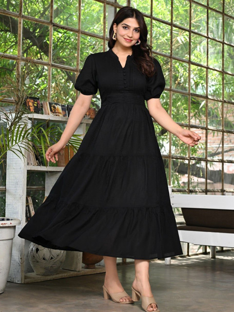 Sadhnazon Puff Sleeve Fit & Flare Midi Dress