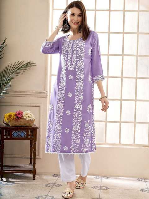 Kethi Fashion Women Floral Embroidered Regular Thread Work Kurta with Trousers
