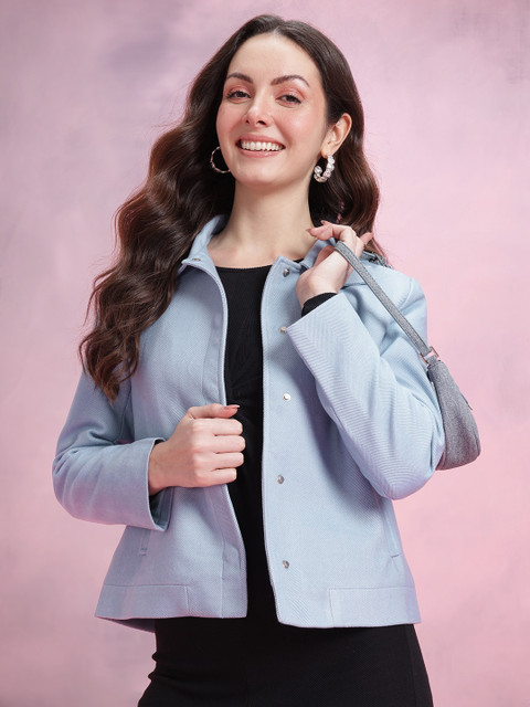 DressBerry Chevron Self Design Spread Collar Flannel Overcoat