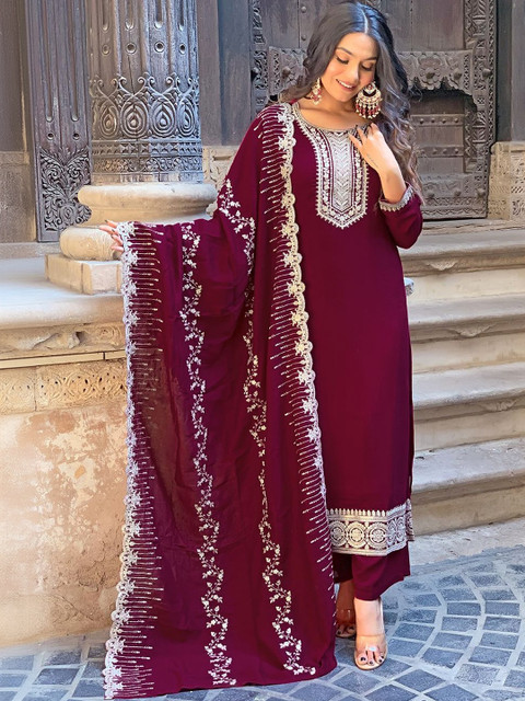 STYLENZA Women Ethnic Motifs Embroidered Regular Thread Work Kurta with Trousers & With Dupatta