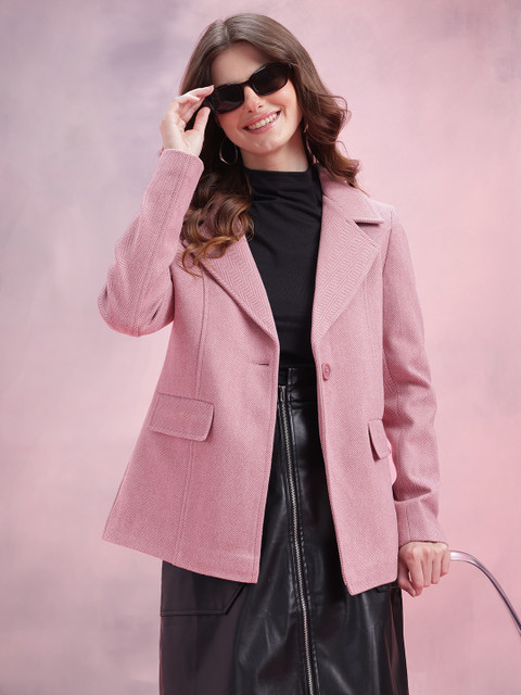 DressBerry Chevron Self Design Notched Lapel Flannel Overcoat