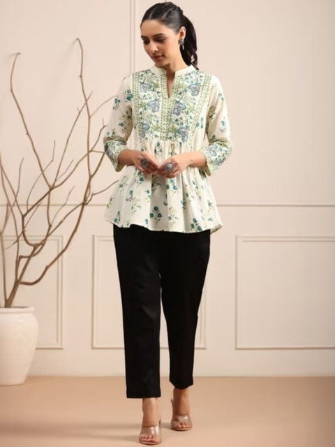 VYKOO Floral Print Mandarin Collar Top