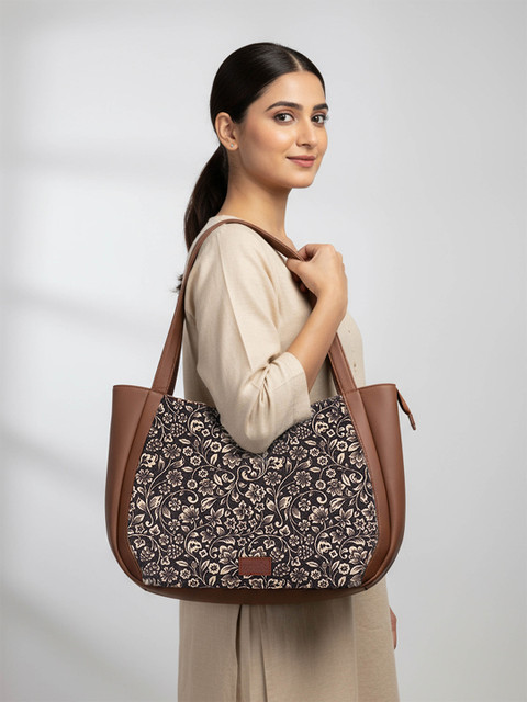 ZOUK Floral Printed Structured Jute Shoulder Bag