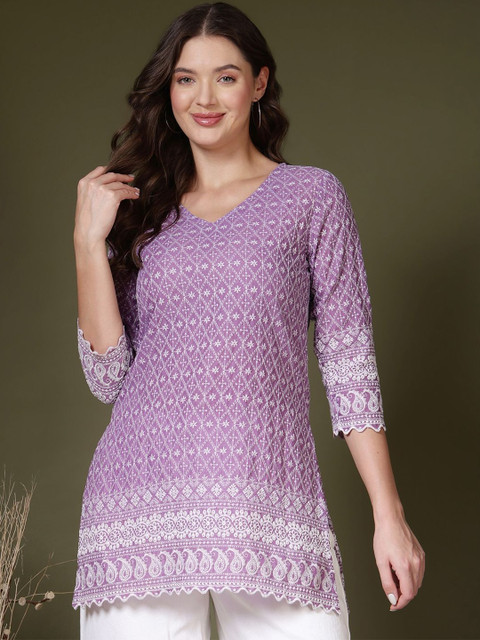 AKIMIA Women Ethnic Motifs Embroidered V-Neck Chikankari Straight Kurti