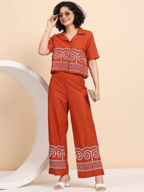 clothonus Women Printed Shirt Collar Regular Pure Cotton Shirt with Trousers